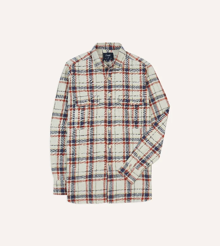 Shop fashion favorites at discounted prices – Limited time offer.  Ecru, Navy and Red Check Slub Cotton Two-Pocket Work Shirt