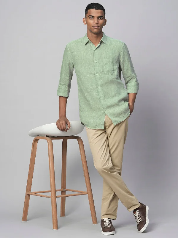Clearance sale – shop men's clothing at discounted prices!  Men's Pista Green 100% Linen Regular Fit Long Sleeved Shirt