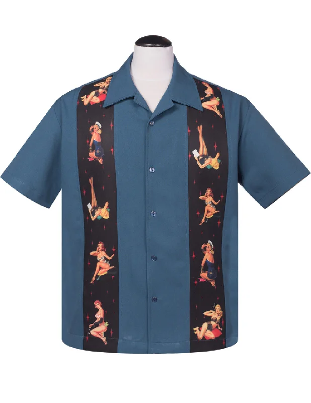 Shop the latest fashion trends with huge savings on all clothing.  Multi Pinup Panel Bowling Shirt in Blue