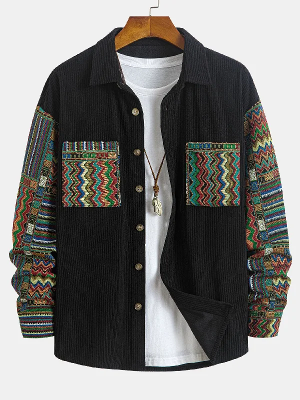 Flash discounts on men’s clothing – Don’t miss out!  Relax Fit Ethnic Geometric Corduroy Patchwork Shirt # Random Pattern Design #
