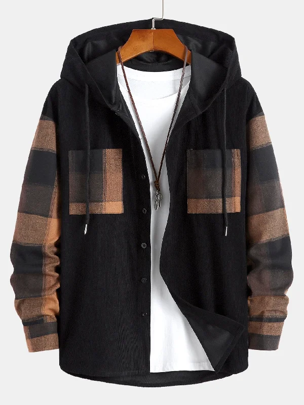 Men’s fashion just got more affordable – shop now!  Relax Fit Plaid Corduroy Panel Hooded Shirt