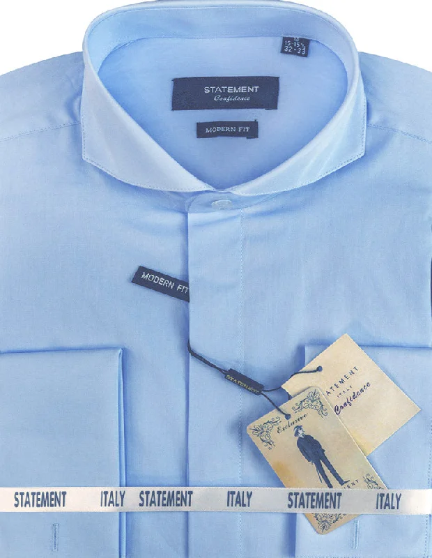 Shop the latest men's clothing trends at a fraction of the price.  MODERN FIT BLUE DRESS SHIRT WITH SPREAD COLLAR & FRENCH CUFF