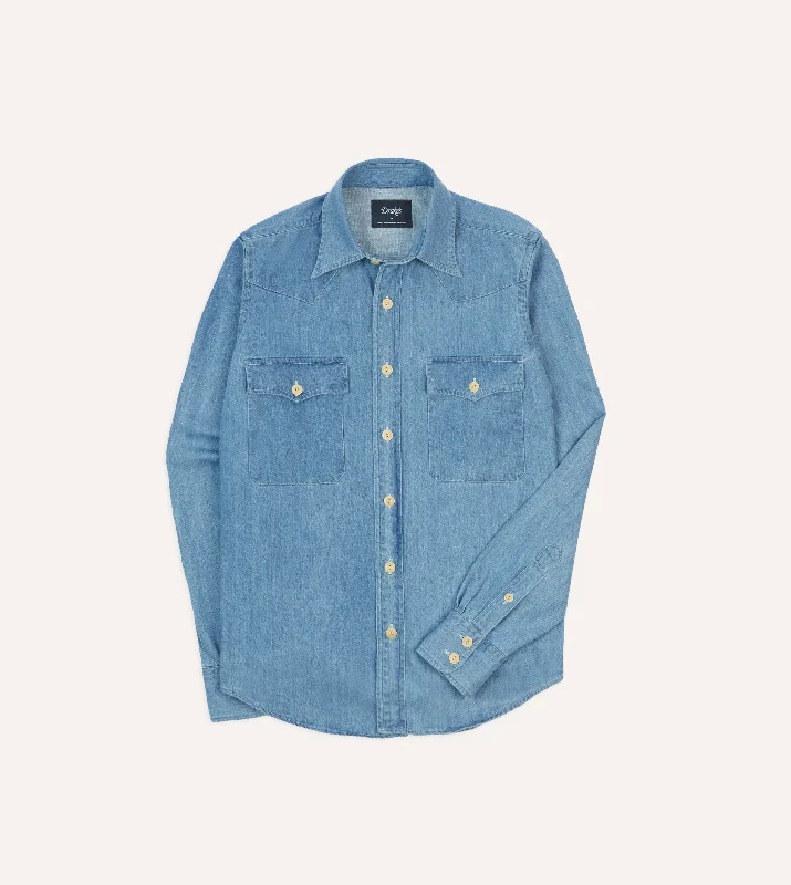 Shop affordable clothing – Limited-time only! Bleach Wash Denim Two-Pocket Western Shirt Shop affordable clothing – Limited-time only! Bleach Wash Denim Two-Pocket Western Shirt