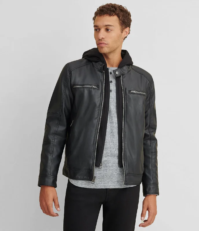 Save on men’s formal wear – perfect for your next event! Faux Leather Jacket With Removable Hood Save on men’s formal wear – perfect for your next event! Faux Leather Jacket With Removable Hood