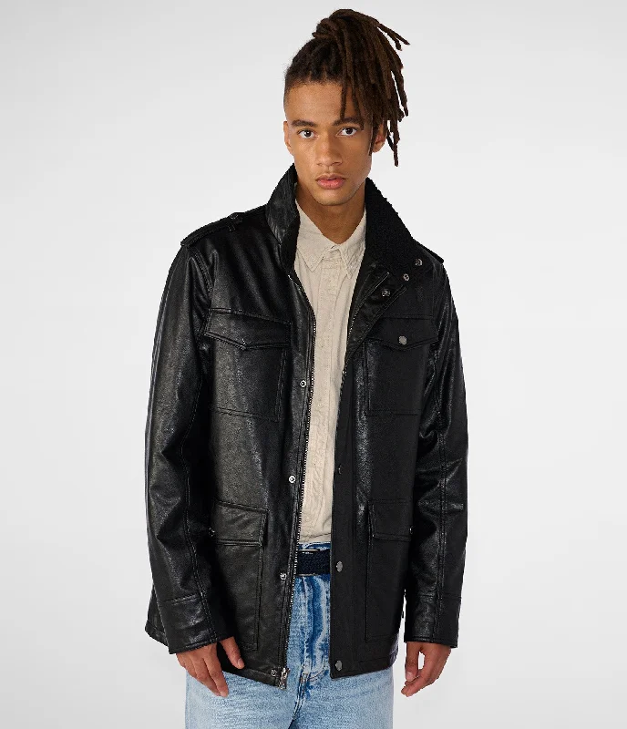 Shop the look you love at prices you’ll love even more! Four-Pocket Faux Leather Jacket With Sherpa Collar Detail Shop the look you love at prices you’ll love even more! Four-Pocket Faux Leather Jacket With Sherpa Collar Detail
