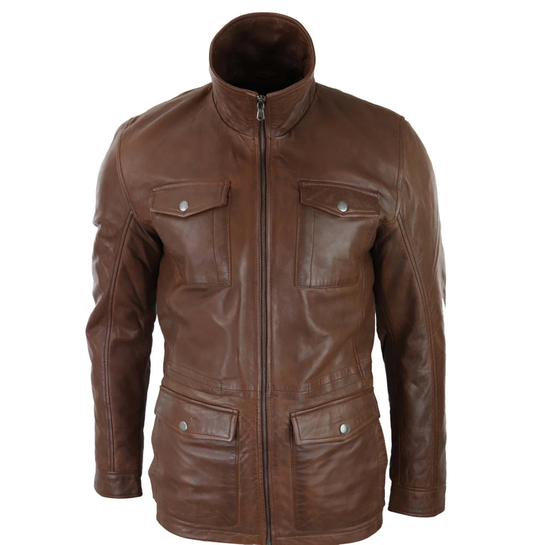 Don’t miss out – Limited-time   Men's Tan Brown 3/4 Jacket Leather Safari Hunting Country Coat Classic