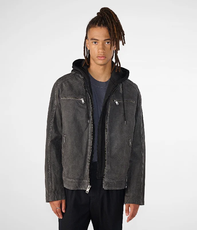 Time to upgrade your wardrobe – shop men’s fashion on sale.  Jake Hooded Leather Jacket