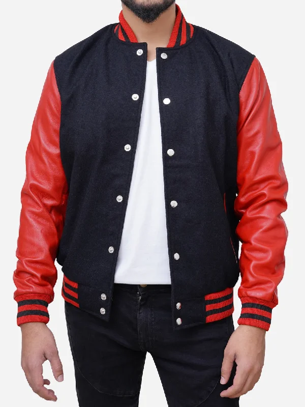 Shop the latest seasonal clothing sale – Big savings on stylish outfits.  Men's Wool Blended Black and Red Varsity Jacket
