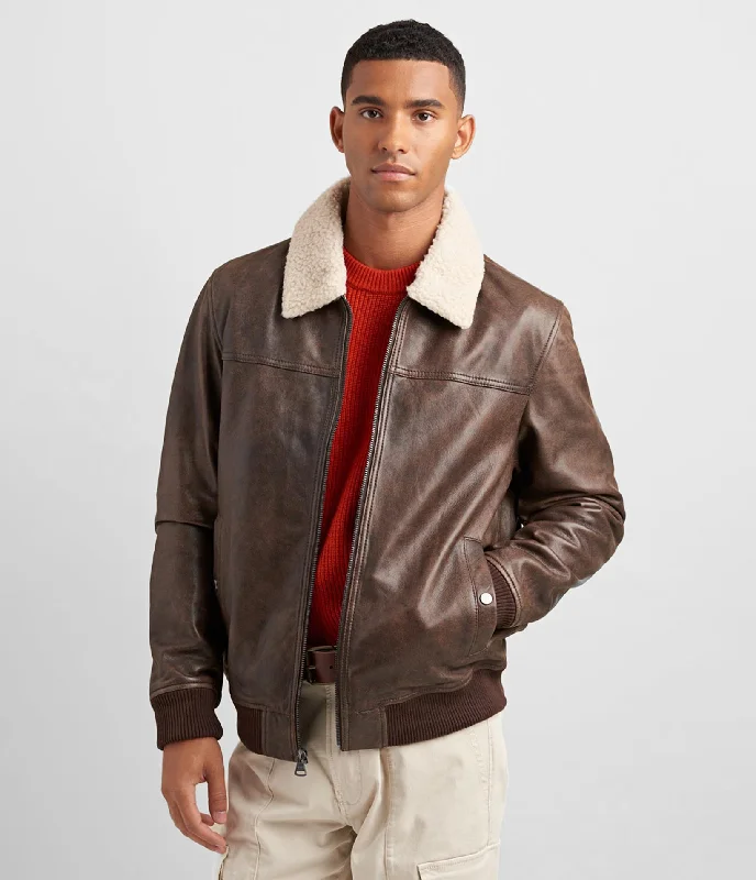Men’s fashion just got more affordable – shop now!  Leather Aviator Bomber With Detachable Faux Fur