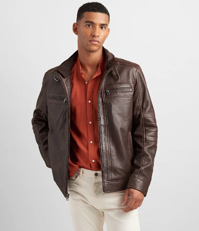 Big discounts  – Shop now for amazing deals.  Leather Racer Jacket With Rib Knit Trim