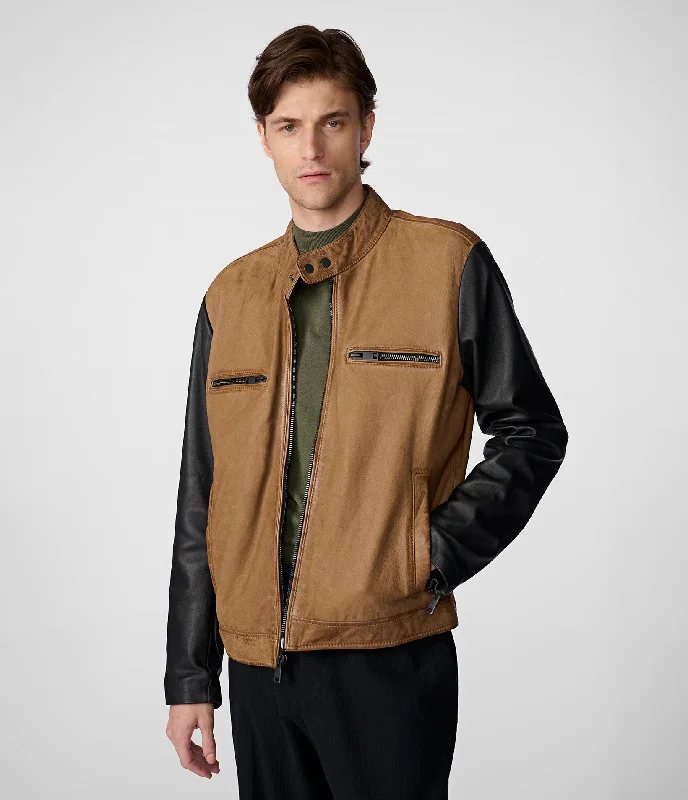 Shop the latest men's clothing trends at a fraction of the price.  Gary Colorblock Leather Jacket