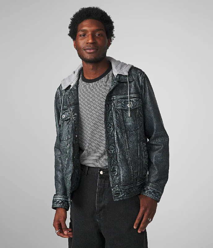 Shop men’s and women’s fashion at unbeatable prices today!  Crew Denim Leather Jacket With Hood